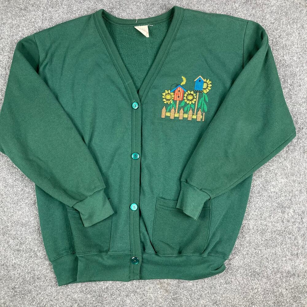 Gloria Cardigan Womens Size XL Green Embroidered‎ Birdhouse Floral